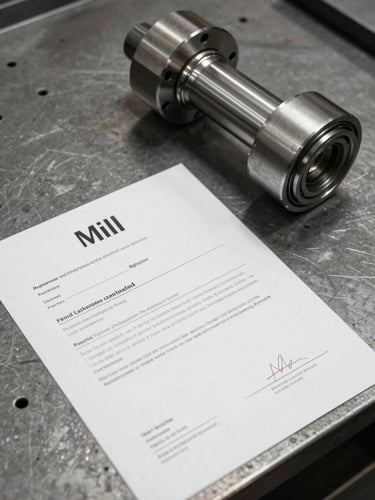 Overhead documentation shot of a mill certificate laid flat on a steel workbench beside a finished machined part, both in focus under natural shop light, no hands obscuring the cert fields