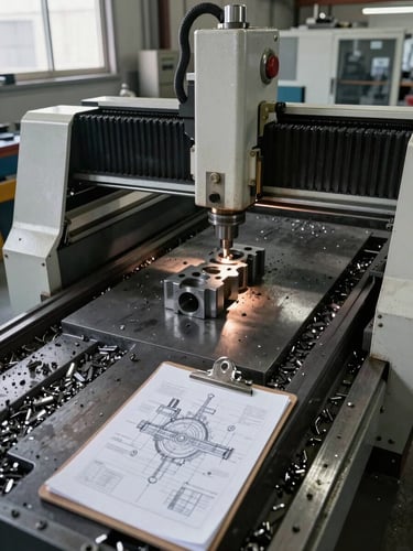 Overhead documentary view of a steel fabrication shop floor, a CNC machine actively running a part under task lighting, metal chips visible on the bed, a printed engineering drawing pinned to a clipboard in the near foreground, natural light from high windows supplementing task lamps, no people visible — process in motion