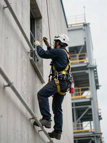 Close-up wide shot of a technician in full safety harness and helmet working on an industrial building exterior at height, overcast natural light, scaffolding pipes and facade concrete surface visible, industrial plant context in background, no faces visible