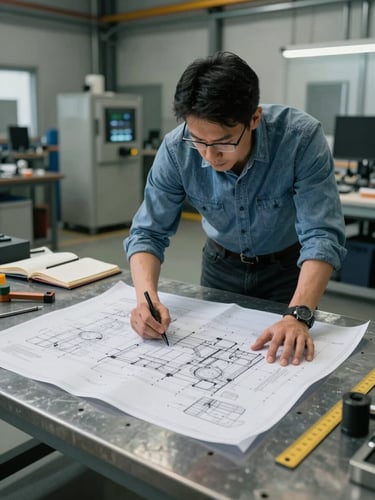 Wide shot of a technical engineer reviewing printed mechanical blueprints spread across a steel workbench inside an industrial facility, cool diffused daylight, measurement tools and notebooks visible beside the drawings, plant equipment in background