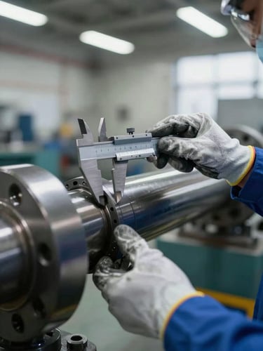 Close-up of an engineer's gloved hands using a caliper to measure a heavy industrial shaft in a manufacturing plant, cool neutral daylight from overhead fixtures, mechanical components sharp in focus, workshop floor visible in background