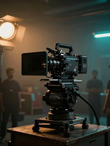 Behind the scenes of an Arabic movie set, a large cinematic camera on a rig, dramatic low-key studio lighting with amber and teal accents, crew members silhouette in the background.