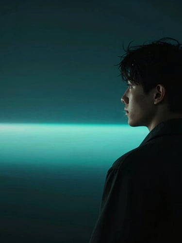 A dramatic low-key cinema still, a single character looking at a neon teal horizon, rich moody atmosphere, anamorphic lens flare, 21:9 aspect ratio feel