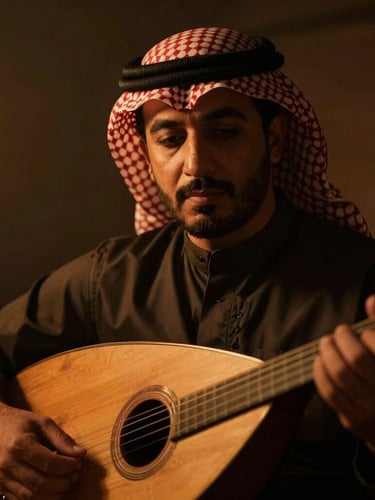 Cinematic close-up portrait of an Arab musician with an oud under dramatic low-key neon amber lighting, rich moody tones, shallow depth of field, high contrast shadows