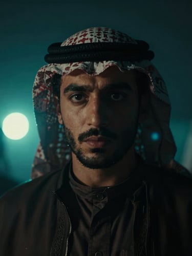 A dramatic cinematic still of an Arabic drama scene, low-key lighting with neon teal backlights, high contrast, anamorphic lens flare, shallow depth of field, focused on an intense face of a protagonist.