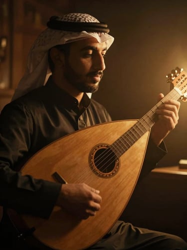 A dramatic low-key close-up portrait of an Arab musician holding an oud, warm neon amber backlight reflecting on dark wood, cinematic depth of field, 21:9 feel