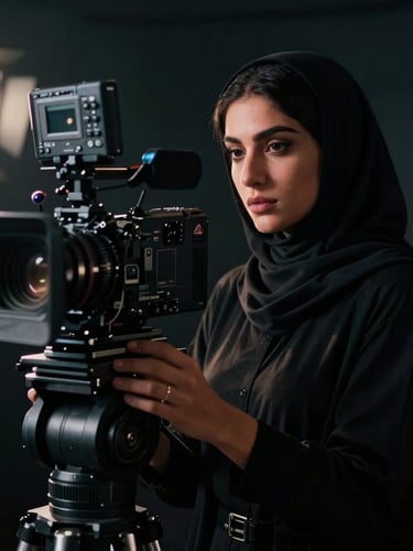 Intimate portrait of a female Arab film director behind a cinematic camera, dramatic high-contrast studio lighting, moody shadows