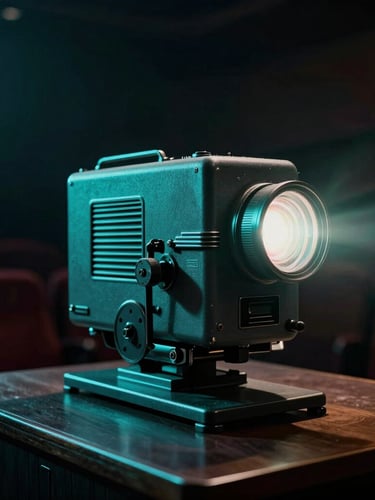 Cinematic wide shot of a restored vintage cinema projector in a dark theater, dramatic teal neon light casting long shadows, anamorphic lens flare