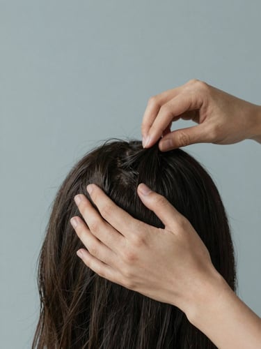 Hands gently applying clinical scalp-care treatment to clean parted hair under soft, low-contrast studio lighting