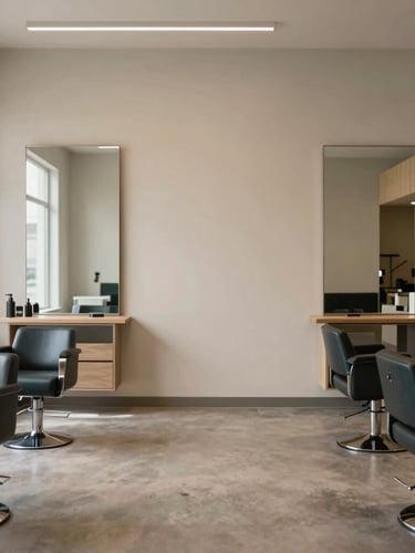 Wide panoramic shot of a minimalist salon interior in Boise with natural light, soft warm taupe tones, uncluttered space, 35mm