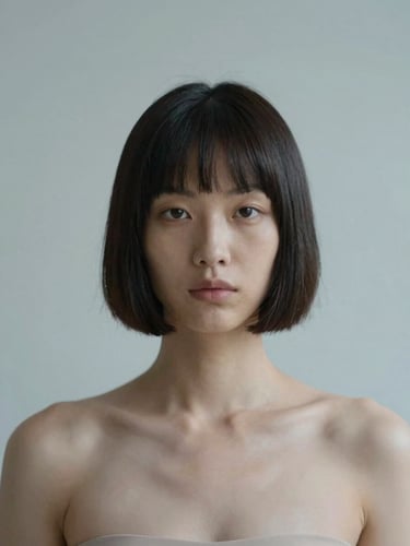 Minimalist editorial portrait of a woman with a precise architectural cut, soft diffused daylight, muted slate blue and warm taupe tones, shallow depth of field, 35mm photography