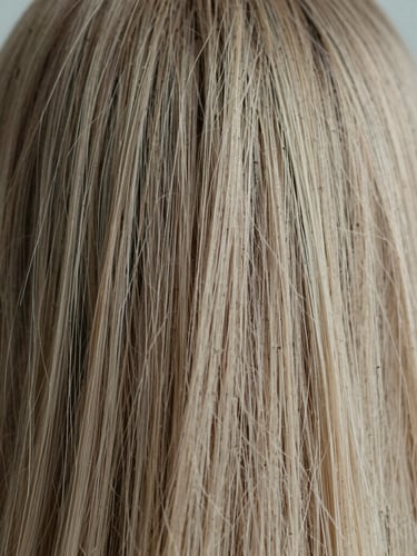 Close-up macro detail of clean, healthy hair texture under soft diffused daylight, muted slate blue and warm taupe tones, shallow depth of field, 35mm