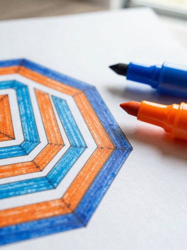 Close-up macro shot of a partially colored intricate geometric page, vibrant orange and blue markers resting on thick textured paper, soft window light.