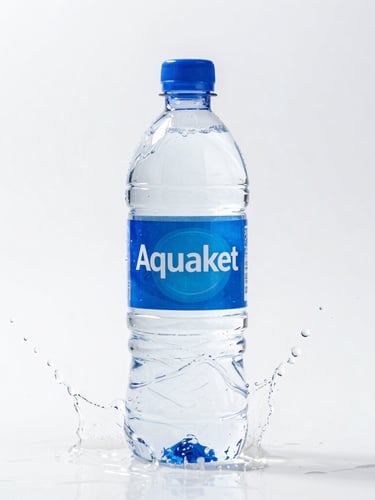 A crisp 20L plastic water bottle with a vibrant blue Aquaket label, placed against a dynamic high-speed macro shot of pure water splashing on a clean white background, high-key studio lighting, sharp focus.