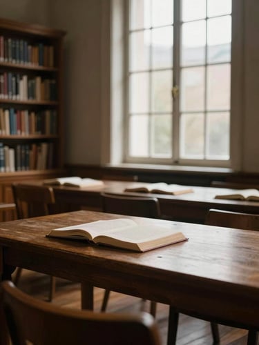 A quiet, warm-lit library room with wooden tables, soft daylight filtering through tall windows, highlighting open books and a calm atmosphere.