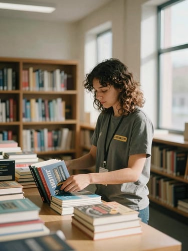 A warm, natural daylight portrait of a volunteer organizing books in a quiet community library, soft shadows, medium format film look