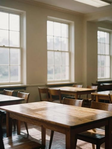 Warm environmental photograph of a quiet community library room, soft natural daylight streaming through tall windows, rich shadows, classic wooden tables, medium format film look.