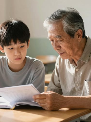 A medium shot of an older mentor sitting with a young student in a sunlit classroom, focusing on a workbook together with warm, natural daylight.