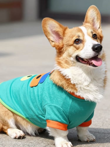 Bright natural daylight photo of a happy Corgi wearing a colorful handmade custom-fit teal shirt, looking back joyfully, eye-level shot