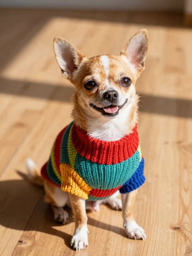 A happy small chihuahua wearing a colorful custom-made knit sweater, sitting comfortably on a warm wooden floor, bright natural daylight, colorful high-contrast tones.