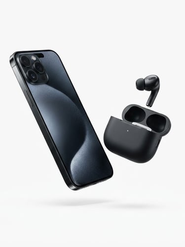 Premium smartphone and wireless earbuds floating on a stark white background, high-key studio lighting, clean product photography, sharp focus, minimalist aesthetic.
