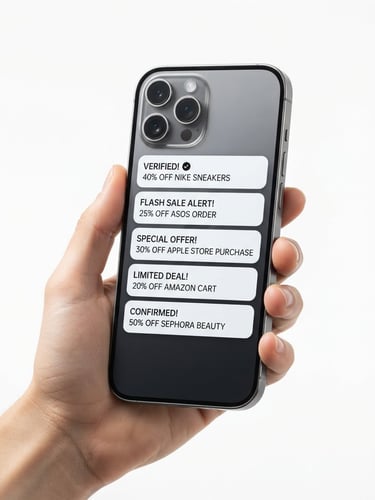 Premium clean smartphone mockup on a stark white background, displaying verified discount notifications with soft studio lighting.