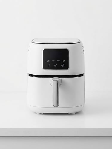 Minimalist modern white air fryer on a clean kitchen counter, bright high-key studio lighting, stark white background, sharp focus, premium aesthetic