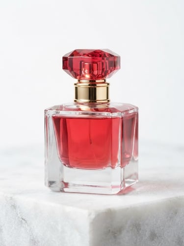 Close-up editorial photography of a luxury glass perfume bottle with crimson accents, resting on a stark white stone platform, high-key bright studio lighting, soft shadows, sharp focus