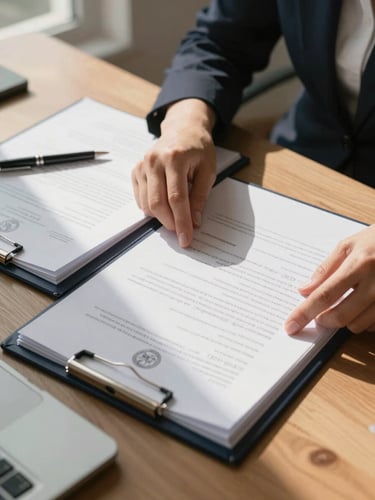 Close environmental shot of a woman's hands organizing printed certificates and legal folders on a wooden desk, daylight from a side window casting soft shadows across the papers, a pen resting beside an open binder