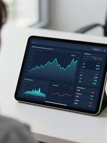 An over-the-shoulder shot of a modern financial dashboard on a tablet screen in a clean corporate environment, bright natural office daylight, cool slate tones, shallow depth of field, 35mm