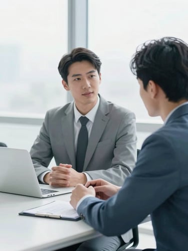 Over-the-shoulder shot of a collaborative business meeting in a bright modern office, clean editorial photography, cool blue and slate tones, shallow depth of field