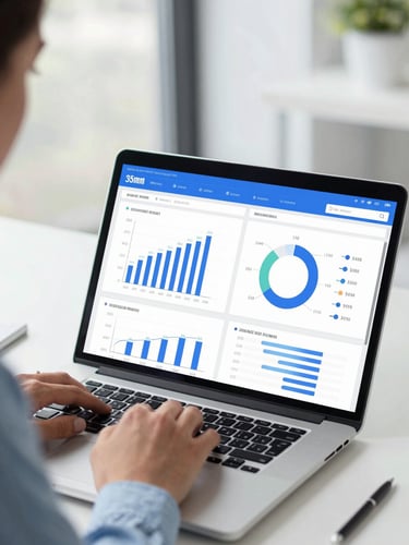 A professional medium-close up of a business owner reviewing a clean financial dashboard on a sleek laptop, bright natural office daylight, cool blue and slate tones, shallow depth of field, 35mm