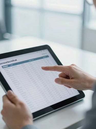 Close-up of professional financial advisor pointing at structured data on a tablet screen, bright natural office daylight, cool slate tones, shallow depth of field, 35mm