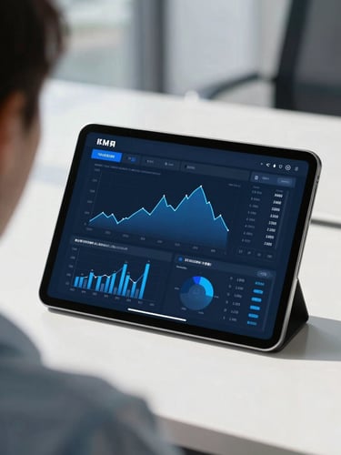 Over-the-shoulder shot of a modern financial dashboard on a tablet, bright natural daylight, cool blue tones, shallow depth of field