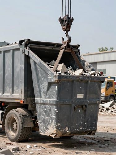 Close environmental shot of a heavy-duty roll-off truck hooking a loaded dumpster at a demolition site, midday daylight, concrete rubble visible inside the container, industrial yard in background, no workers posing