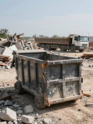 Wide environmental shot of an active demolition job site, a fully loaded Drop & Haul dumpster in the foreground center, debris piled high including concrete chunks and lumber, a flatbed truck visible in the background under flat midday daylight, no people posing