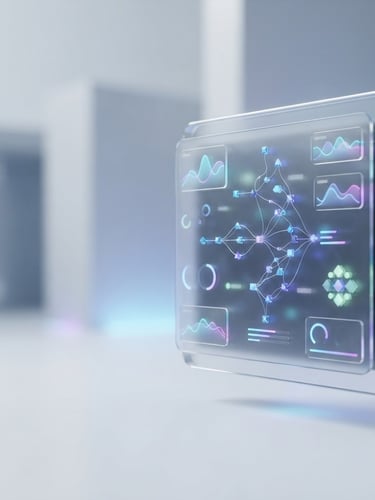 Modern floating glassmorphism dashboard preview displaying AI workflow orchestration analytics, bright studio lighting with subtle blue and violet ambient glows, clean high-tech product photography, 50mm lens, right third composition