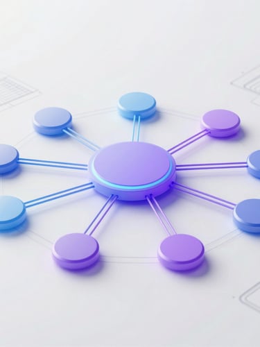 High-tech abstract architectural blueprint of an AI agent workflow, nodes connected by lines, subtle blue and violet glows, clean studio lighting, 50mm, high contrast.