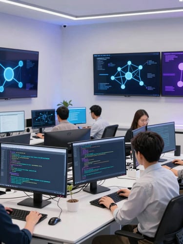 Modern, daylight-filled collaborative AI research lab, developers analyzing code on high-resolution screens, abstract node-based network diagrams on large monitors, clean high-tech product photography, bright studio lighting with soft blue and violet ambient glows, 50mm.