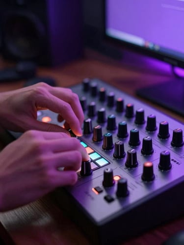 Tight close-up of hands tweaking knobs on a MIDI controller in a dark studio, illuminated by sharp neon purple monitor glow.