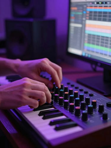 Tight close-up of hands tweaking a hardware synthesizer knob, bathed in high-contrast neon purple ambient light from a DAW screen in a dark bedroom studio.