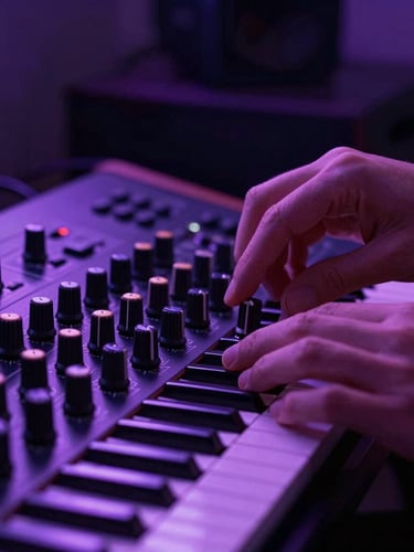 Tight close-up of hands tweaking a hardware synthesizer knob in a dark bedroom studio, glowing neon purple ambient light reflecting off the metallic surface, moody shadow.
