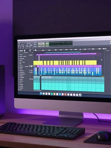 Wide environmental shot of a dark bedroom producer studio, glowing computer monitor showing FL Studio piano roll, neon purple LED strip lighting.