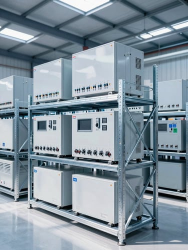 A clean, modern warehouse interior in Bangladesh with high-grade industrial electronics and MEP equipment stacked neatly on steel racks under bright daylight.