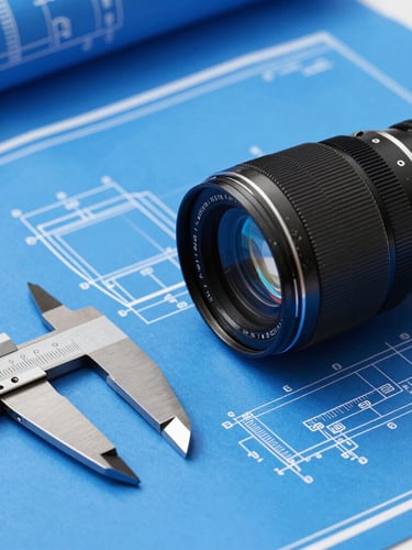 Prism-sharp close-up of technical engineering blueprints on a high-contrast corporate blue drafting table with steel calipers, bright clean daylight.
