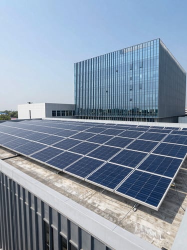 Wide environmental shot of a modern, pristine commercial solar array installed on a corporate rooftop in Dhaka under clean, bright daylight.