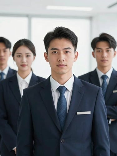 Professional team member in operational attire, looking forward with confidence, against a backdrop of a secure office environment. Bright daylight, cool tones, portrait aspect, sharp corporate photography. No text.