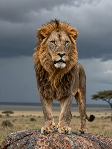 Portrait shot of a majestic lion standing on a granite kopje in the Serengeti, looking over the vast savanna under high-contrast dramatic storm clouds.