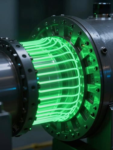 Extreme close-up of a high-tech wind turbine gearbox, glowing neon green telemetry lines overlaid on dark steel, low-key dramatic lighting, 35mm lens
