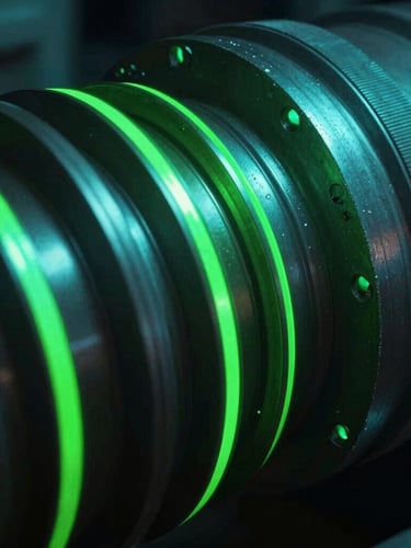 Extreme close-up macro shot of industrial turbine components, glowing neon green and cyber cyan accents, low-key dramatic lighting, high-contrast